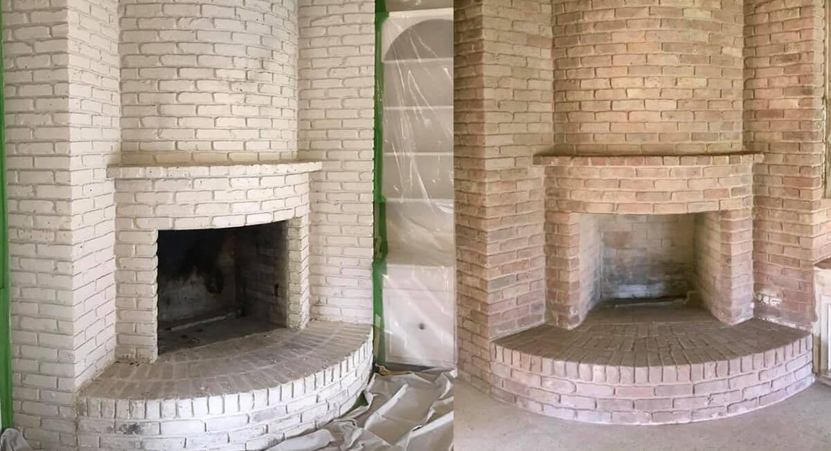 A before and after picture of a brick fireplace in a living room