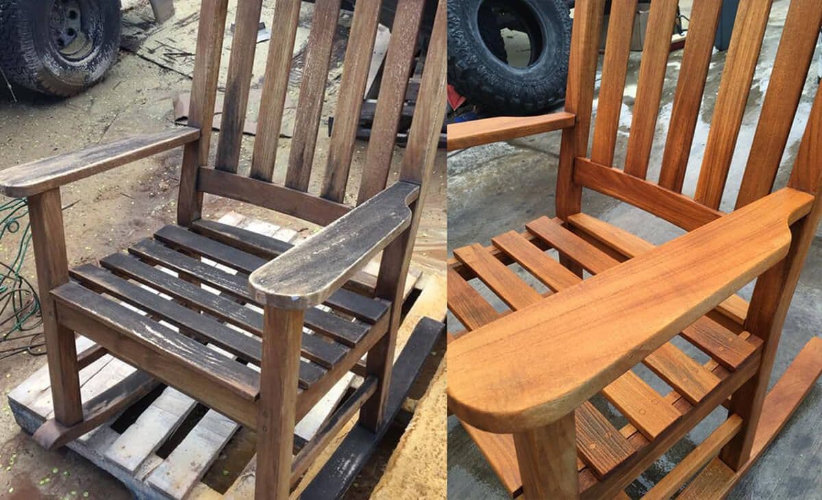 A before and after picture of a wooden rocking chair