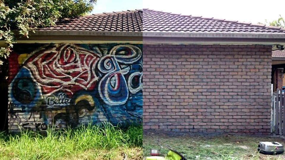A before and after picture of a brick house with graffiti on it